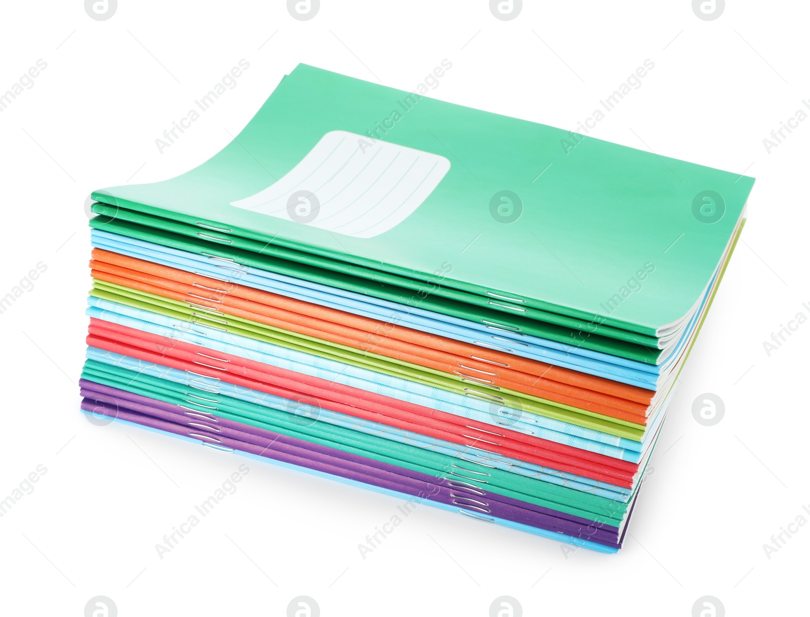 Photo of Stack of colorful copybooks isolated on white