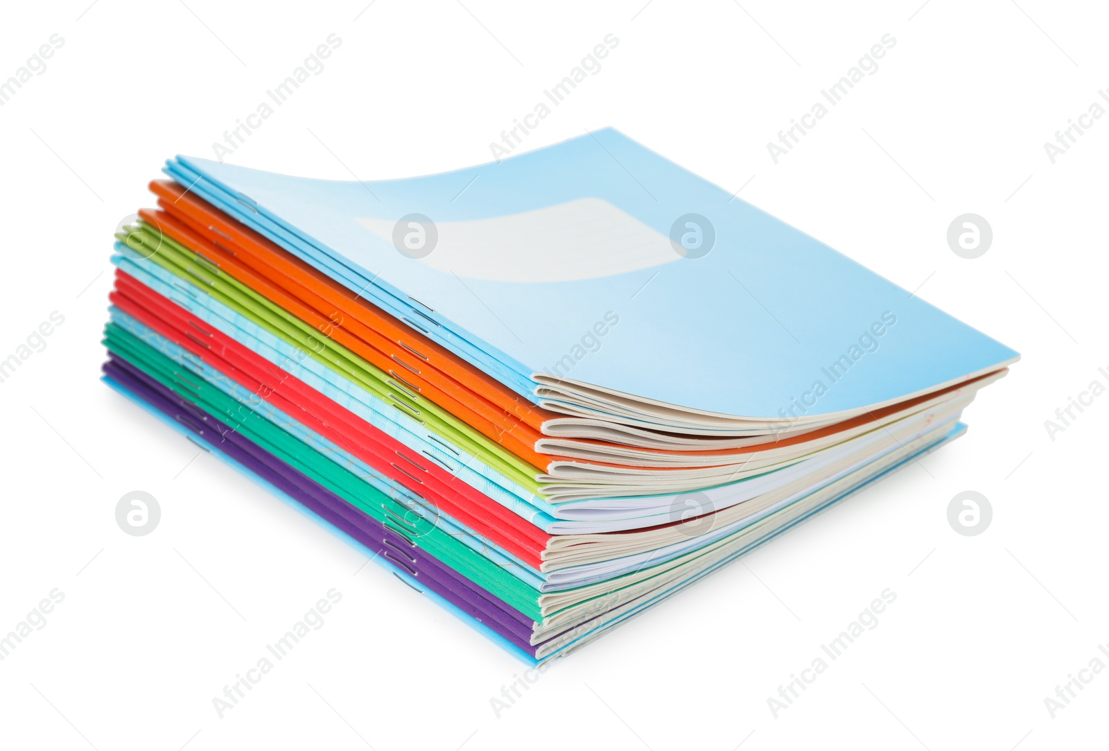 Photo of Stack of colorful copybooks isolated on white