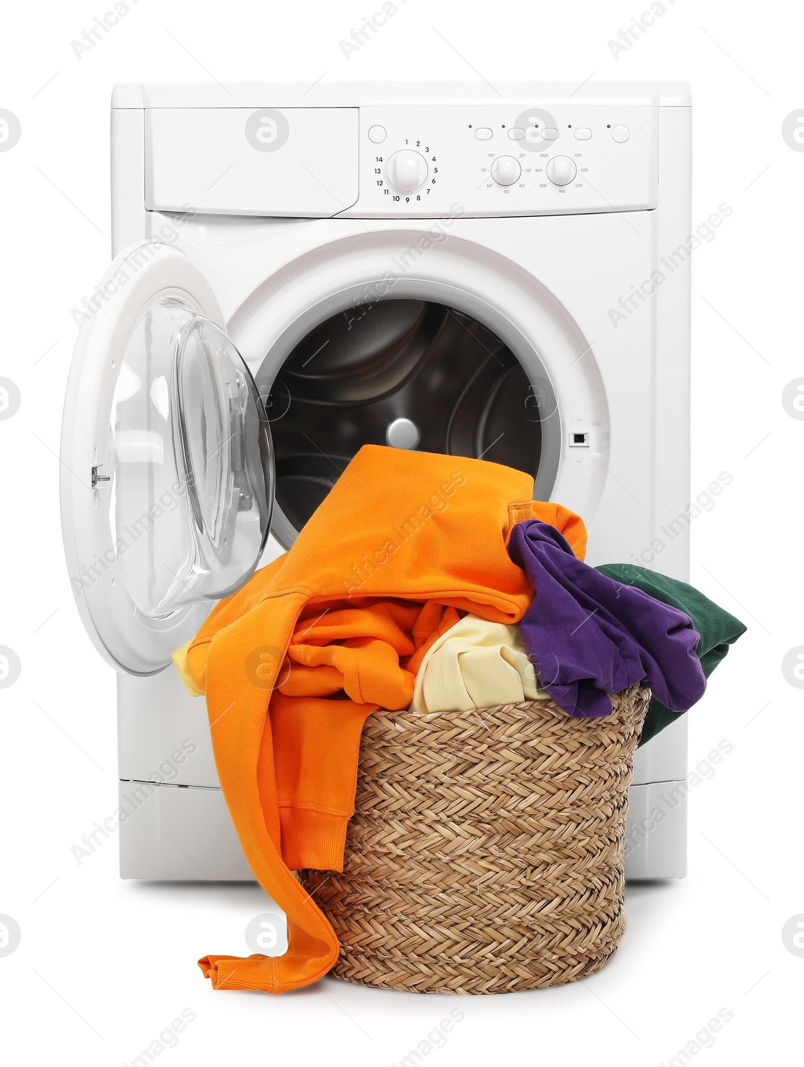 Photo of Modern washing machine and laundry basket isolated on white