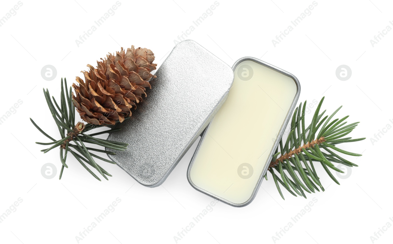 Photo of Natural solid perfume, fir twigs and cone isolated on white, top view