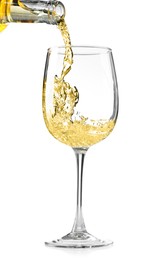 Photo of Pouring wine into glass isolated on white