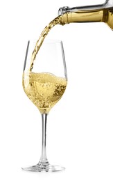 Photo of Pouring wine into glass isolated on white