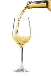 Photo of Pouring wine into glass isolated on white