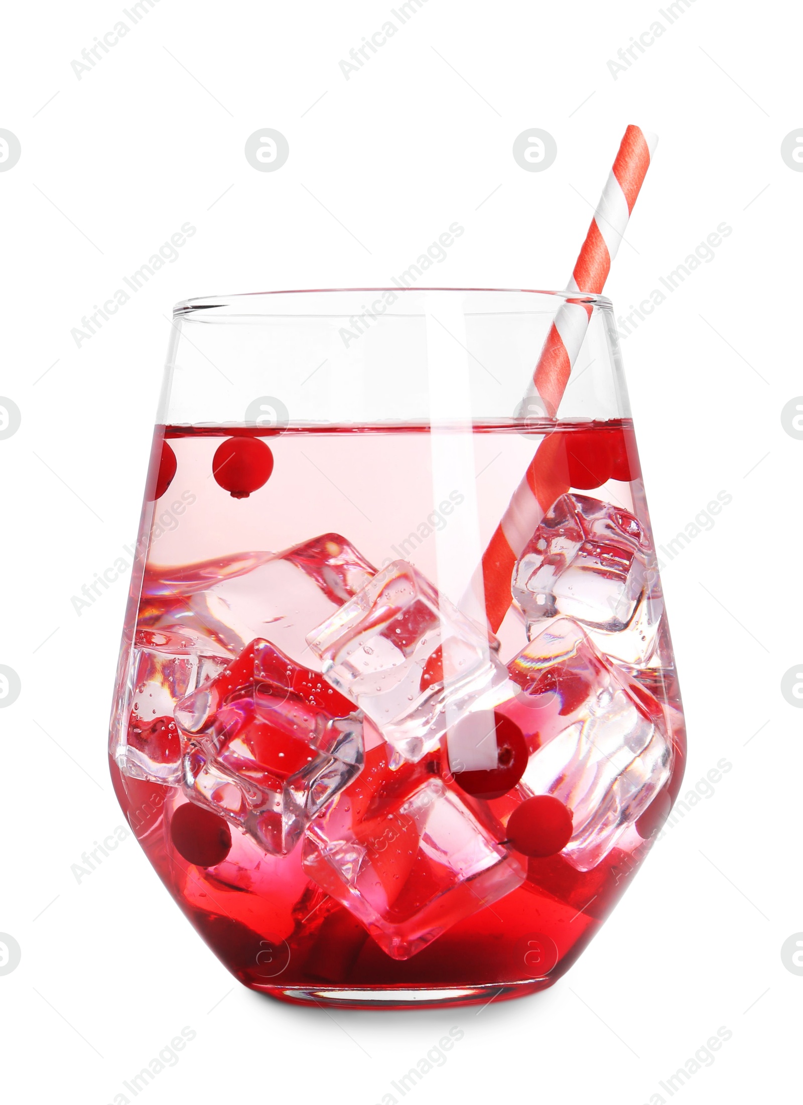 Photo of Tasty Christmas cocktail with straw in glass isolated on white