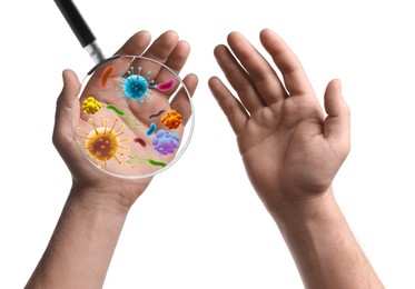 Image of Man showing hands on white background, closeup. Microbes on palm, view through magnifying glass. Illustration of microorganisms