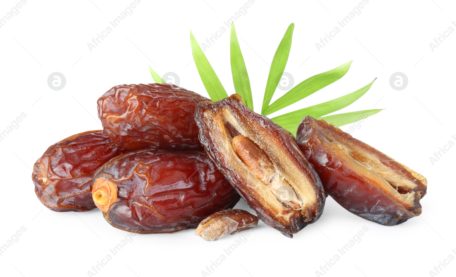 Photo of Tasty dried dates and leaf isolated on white