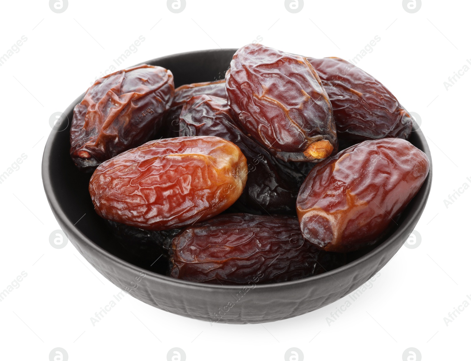 Photo of Tasty dried dates in bowl isolated on white