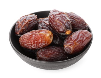 Photo of Tasty dried dates in bowl isolated on white