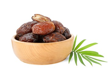 Photo of Tasty dried dates and leaf in bowl isolated on white