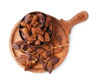 Photo of Many tasty dried dates isolated on white, top view