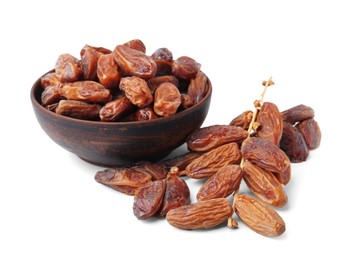 Photo of Bowl with tasty dried dates isolated on white