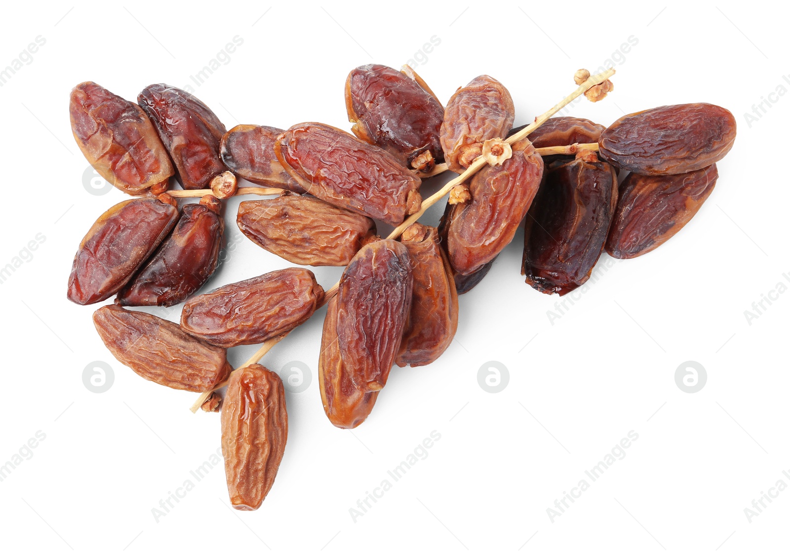 Photo of Bunch of tasty dried dates isolated on white, top view