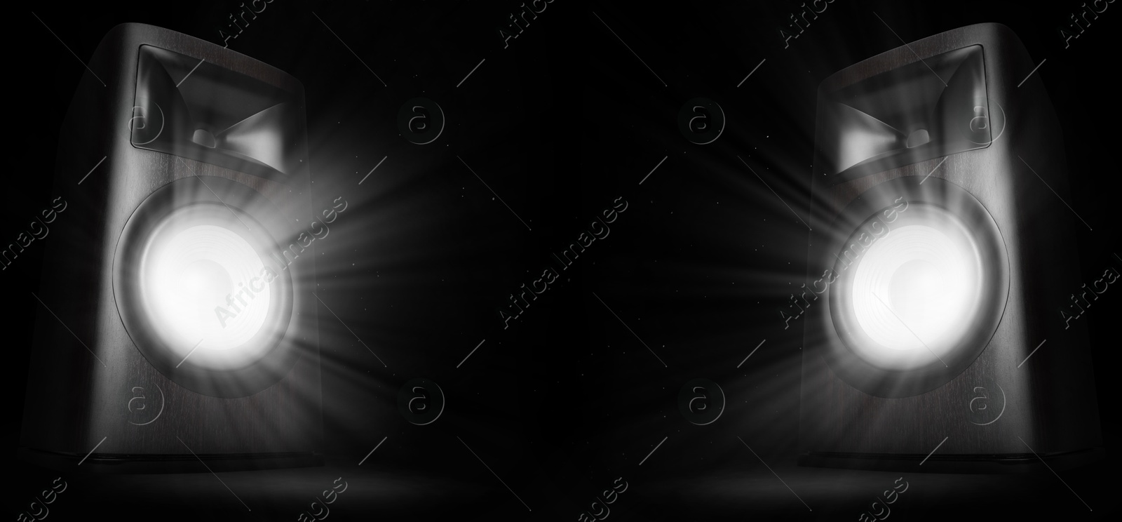 Image of Light rays coming out of sound speakers on black background, banner design