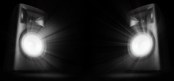 Image of Light rays coming out of sound speakers on black background, banner design