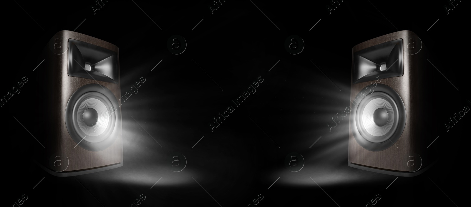 Image of Light rays coming out of sound speakers on black background, banner design