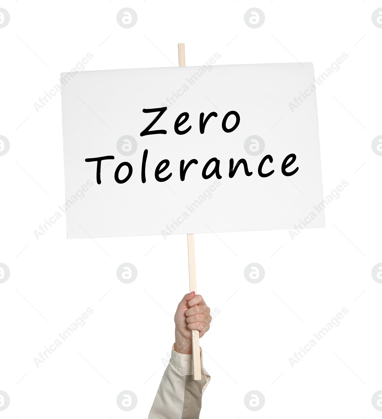 Image of Woman holding sign with words Zero Tolerance on white background, closeup