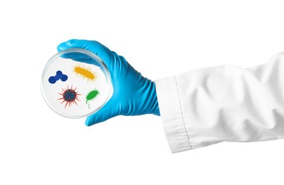 Image of Scientist holding Petri dish with microbes on white background, closeup. Illustration of microorganisms