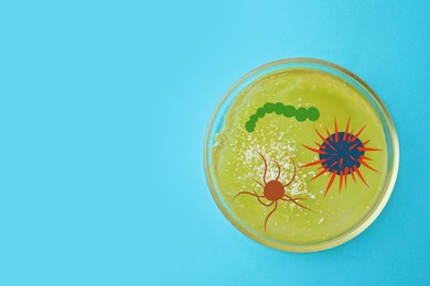 Image of Petri dish with microbes on light blue background, top view. Illustration of microorganisms