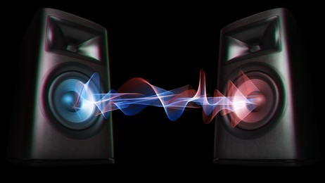 Image of Sound waves between loudspeakers on black background, banner design