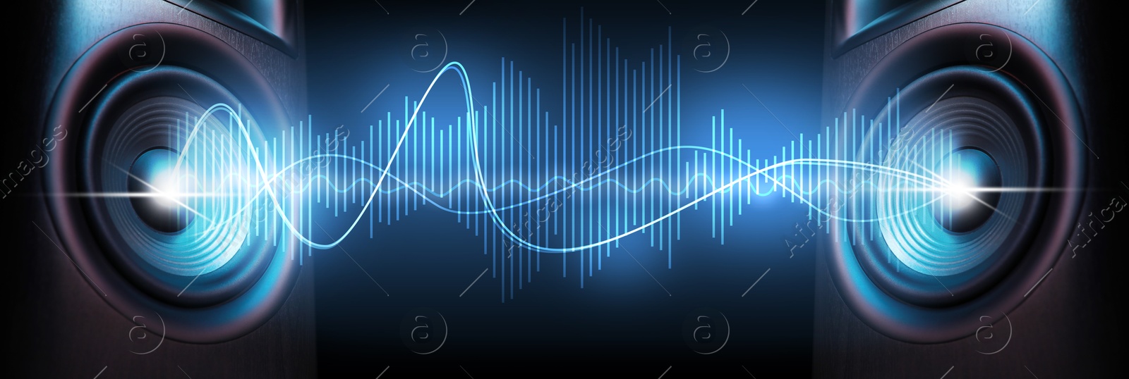 Image of Sound waves between loudspeakers on black background, banner design