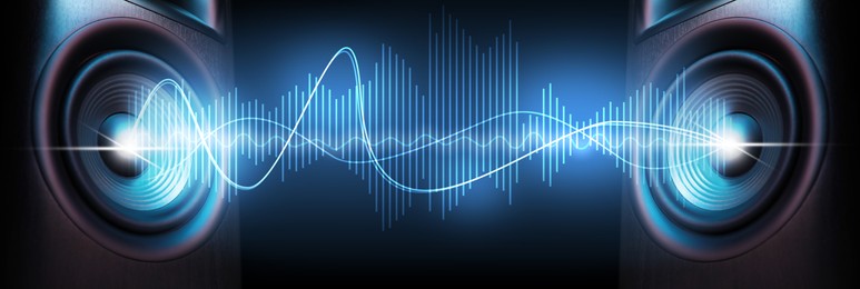 Image of Sound waves between loudspeakers on black background, banner design