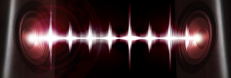 Image of Sound waves between loudspeakers on black background, banner design