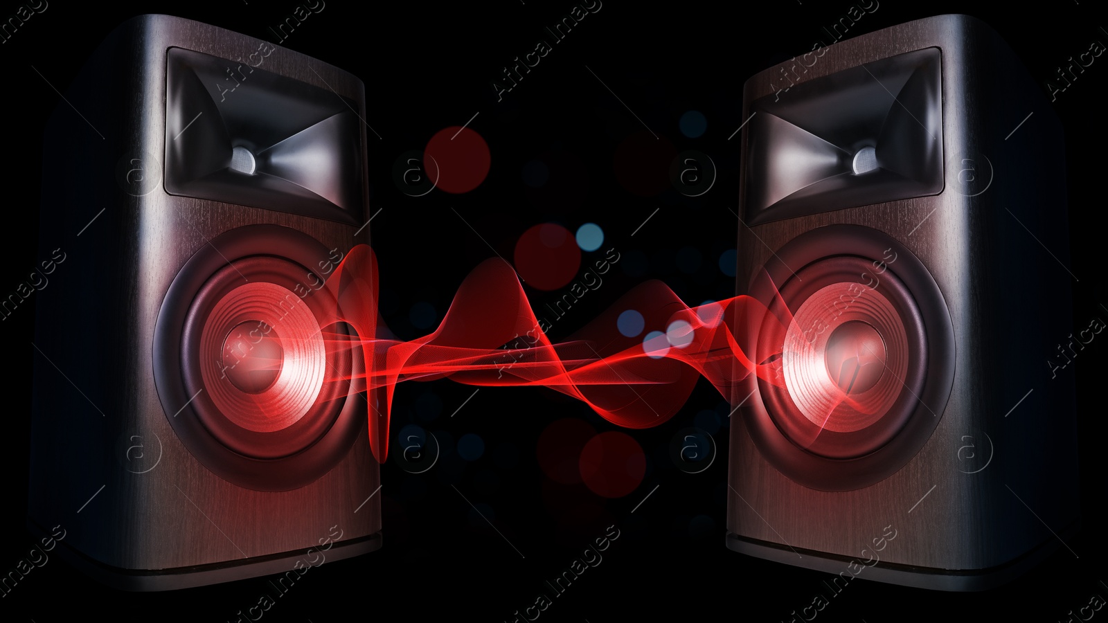 Image of Sound waves between loudspeakers on black background, banner design