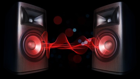 Image of Sound waves between loudspeakers on black background, banner design