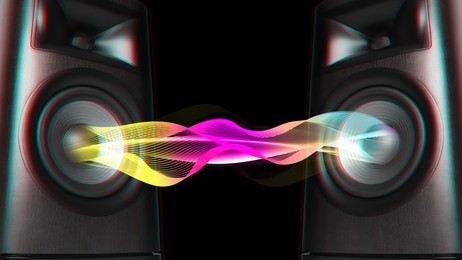 Image of Sound waves between loudspeakers on black background, banner design