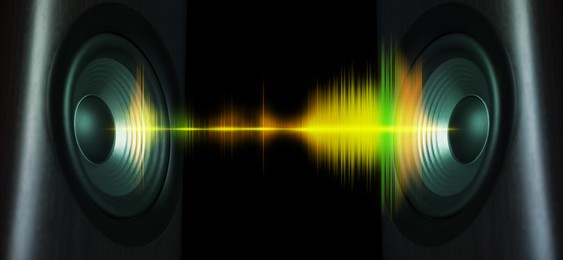 Image of Sound waves between loudspeakers on black background, banner design