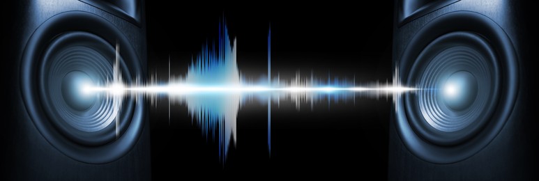 Image of Sound waves between loudspeakers on black background, banner design