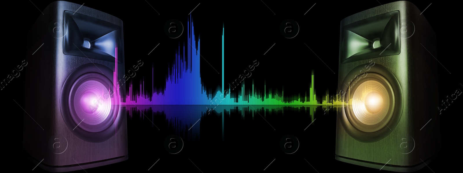 Image of Sound waves between loudspeakers on black background, banner design