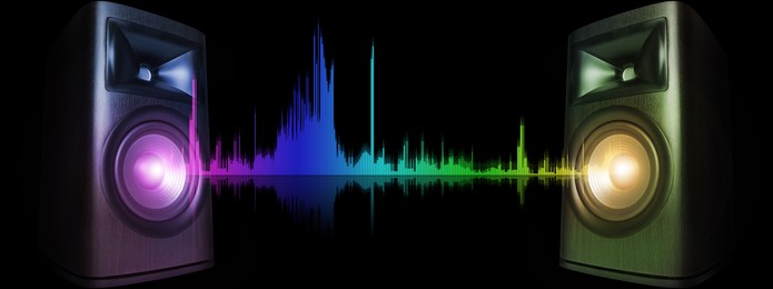 Image of Sound waves between loudspeakers on black background, banner design