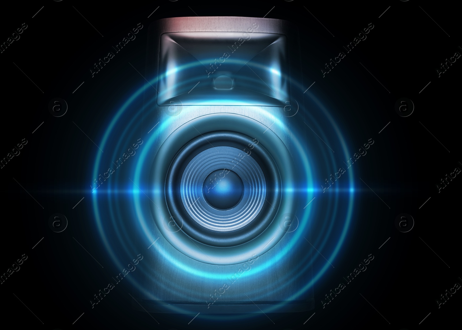 Image of Sound waves coming out of loudspeaker on black background