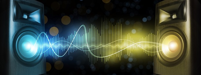 Image of Sound waves between loudspeakers on black background, banner design