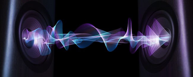 Image of Sound waves between loudspeakers on black background, banner design