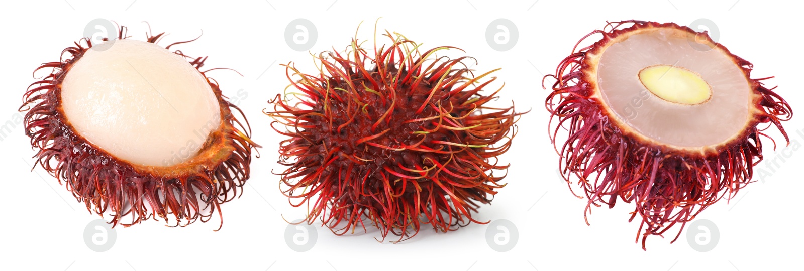 Image of Fresh tropical rambutan fruits isolated on white, set