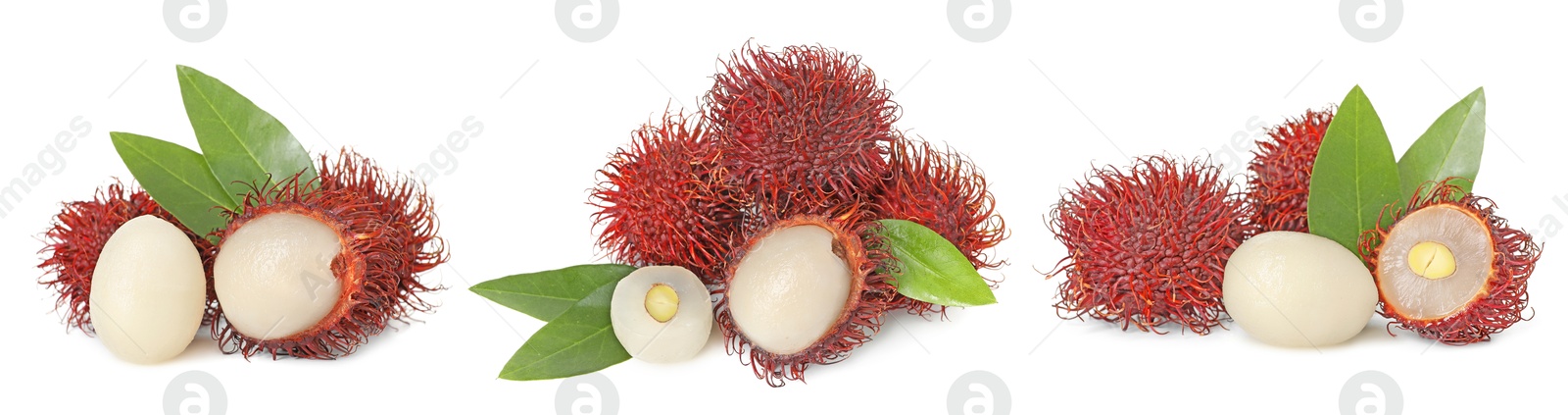 Image of Fresh tropical rambutan fruits and green leaves isolated on white, set