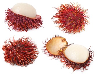 Image of Fresh tropical rambutan fruits isolated on white, set