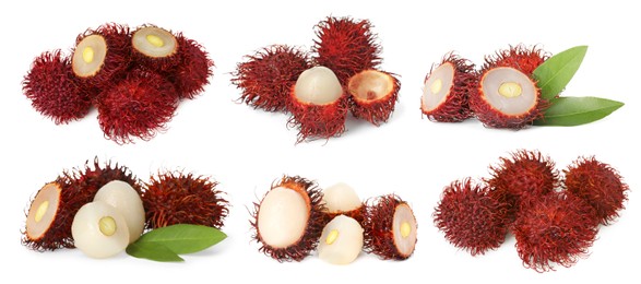 Image of Fresh tropical rambutan fruits and green leaves isolated on white, set