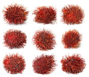 Image of Fresh unpeeled rambutan fruits isolated on white, set