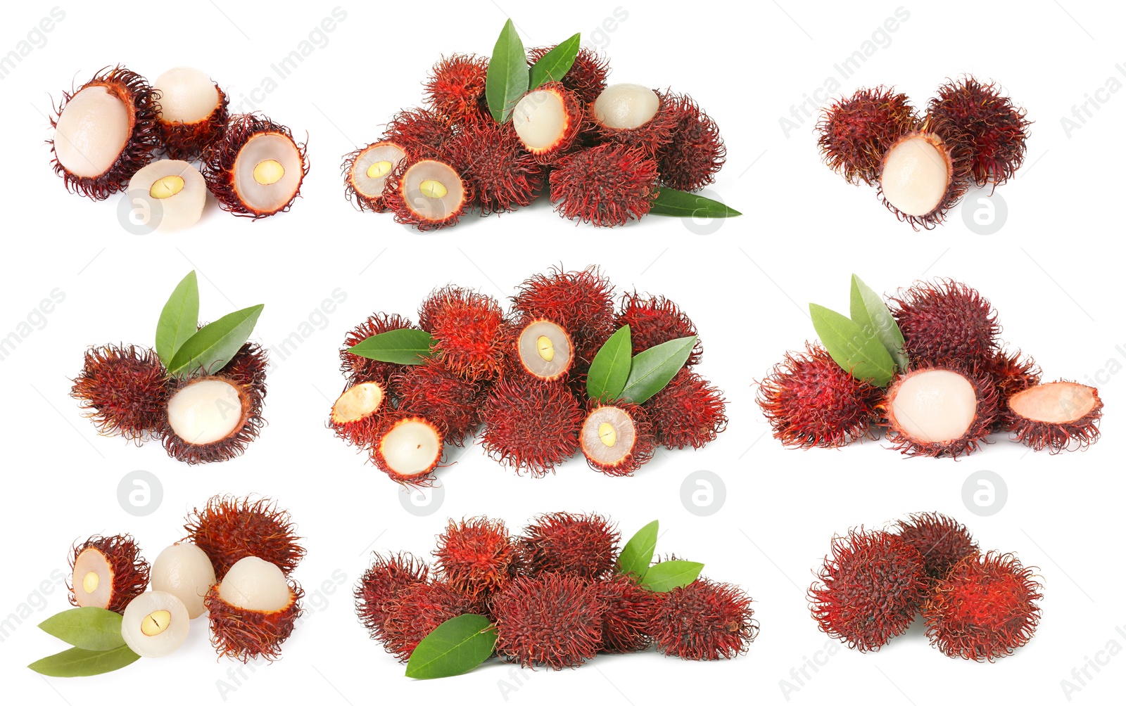 Image of Fresh tropical rambutan fruits and green leaves isolated on white, set