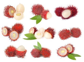 Image of Fresh tropical rambutan fruits and green leaves isolated on white, set