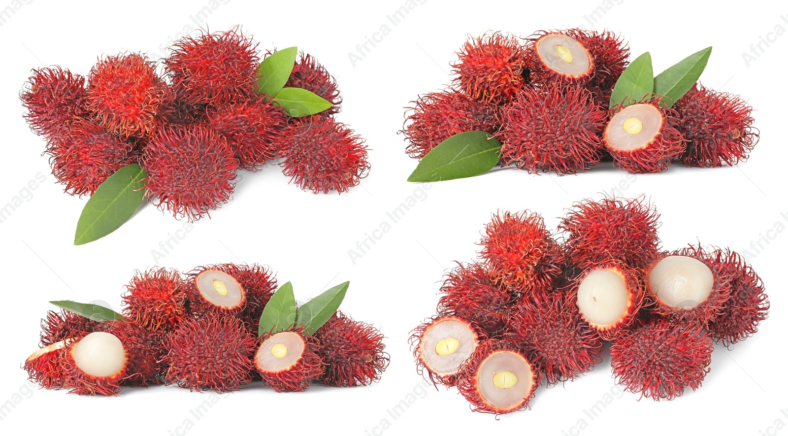 Image of Fresh tropical rambutan fruits and green leaves isolated on white, set