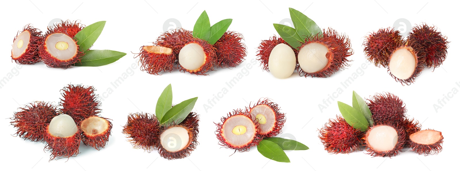 Image of Fresh tropical rambutan fruits and green leaves isolated on white, set