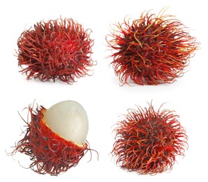 Image of Fresh tropical rambutan fruits isolated on white, set