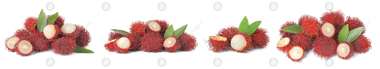 Image of Fresh tropical rambutan fruits and green leaves isolated on white, set