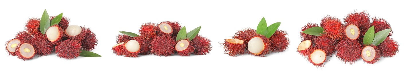 Image of Fresh tropical rambutan fruits and green leaves isolated on white, set