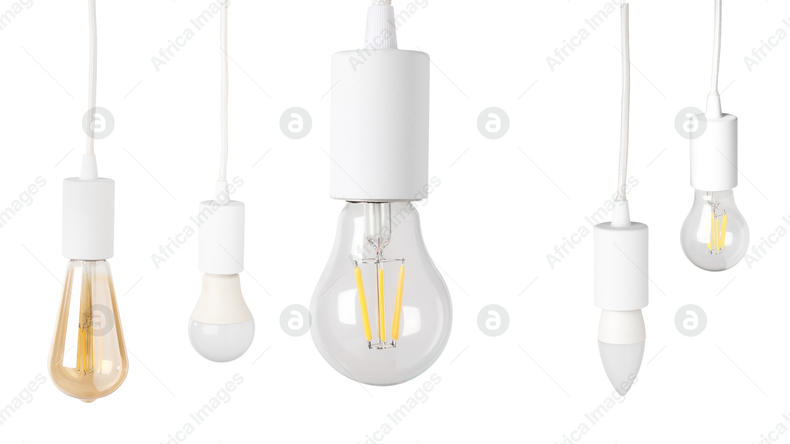 Image of Different light bulbs hanging on white background. Banner design