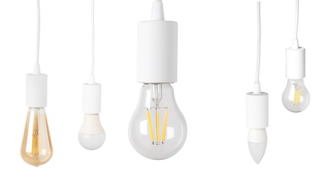 Image of Different light bulbs hanging on white background. Banner design